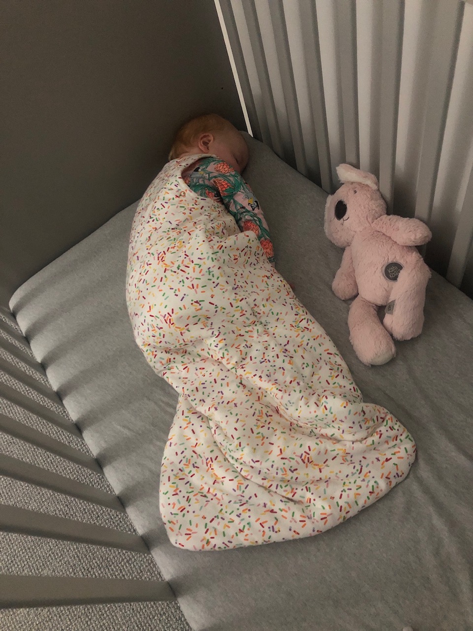 little girl sleeping in crib with teddy